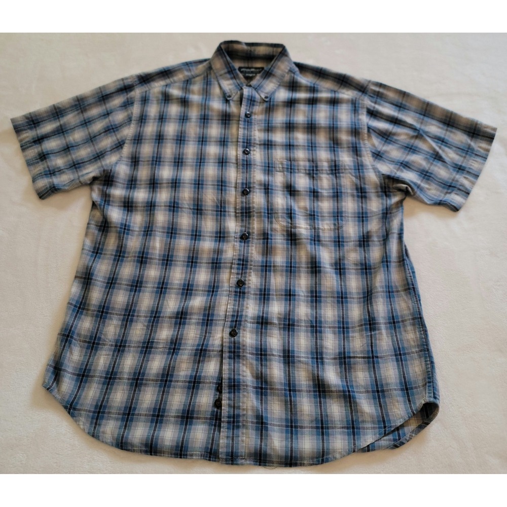 Eddie Bauer Plaid Shirt Mens Medium Blue Short Sleeve Button Down Cotton Hiking - Picture 3 of 12